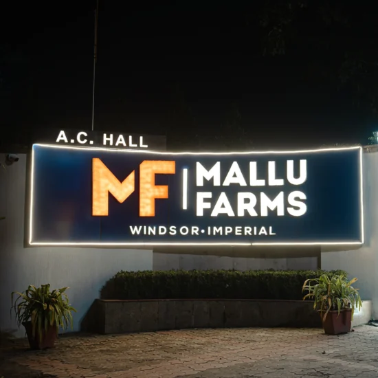 Home 9 Mallu Farms illuminated entrance signage for A.C. Hall, Windsor and Imperial banquet halls at night, Chattarpur